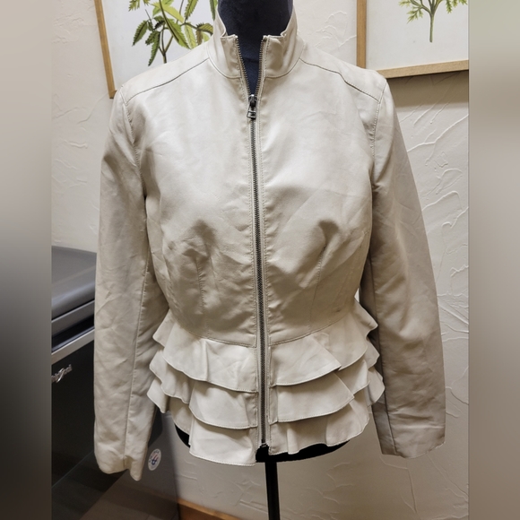 Vintage 80's Style Poly Cream Ruffle Jacket Medium - Picture 2 of 10